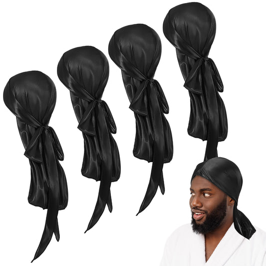 Giantree 4PCS Silky Durags for Men Women, Premium Fabric Durags with Long Tail and Wide Straps Breathable Wave Formation Cap for Men Women All Hair Types(Black)