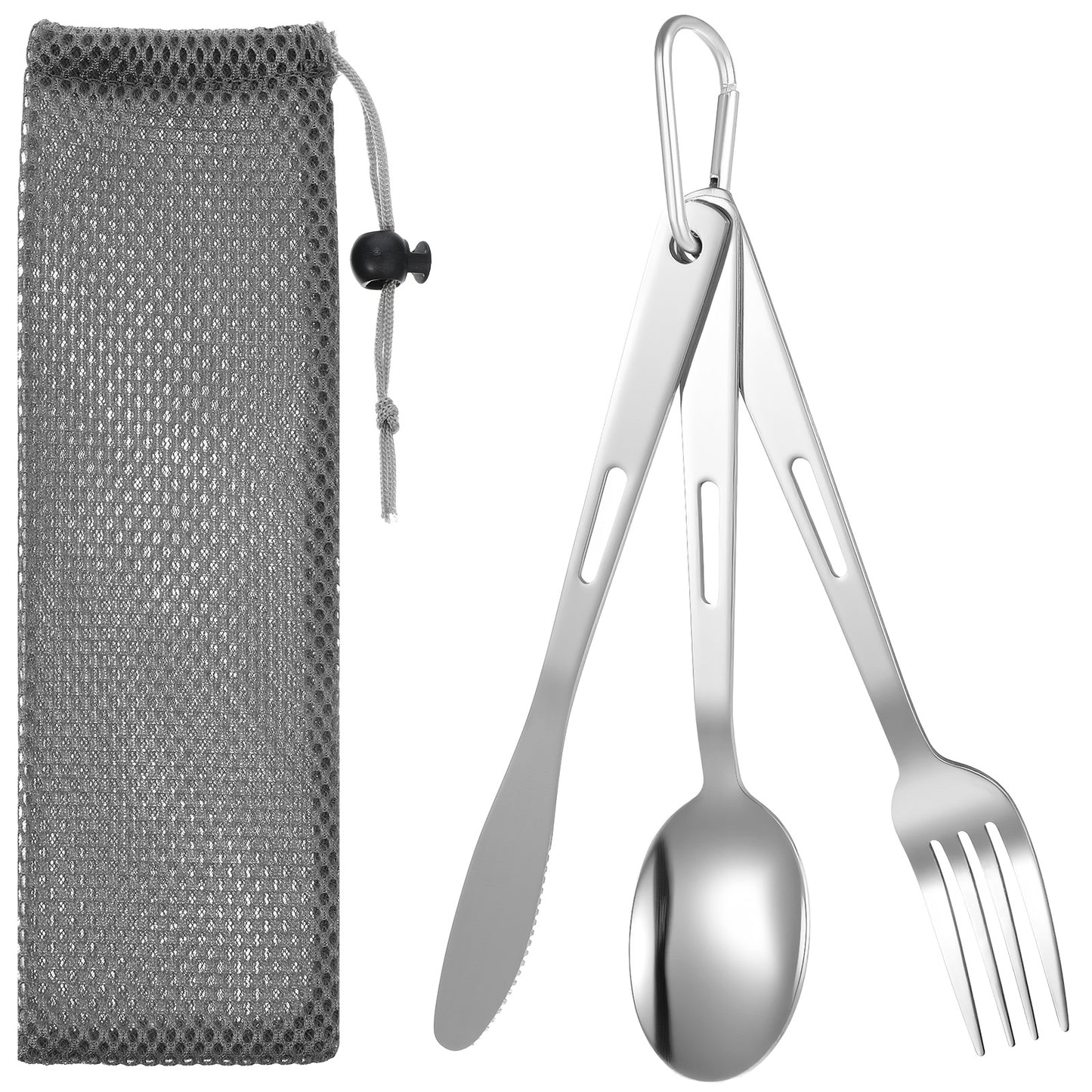 DOPENSPI 3PCS Camping Utensil Set with Carrying Bag, Stainless Steel Camp Flatware Ultralight Fork Knife Spoon Camping Cutlery Set for Outdoor Picnic Hiking Backpacking Travel