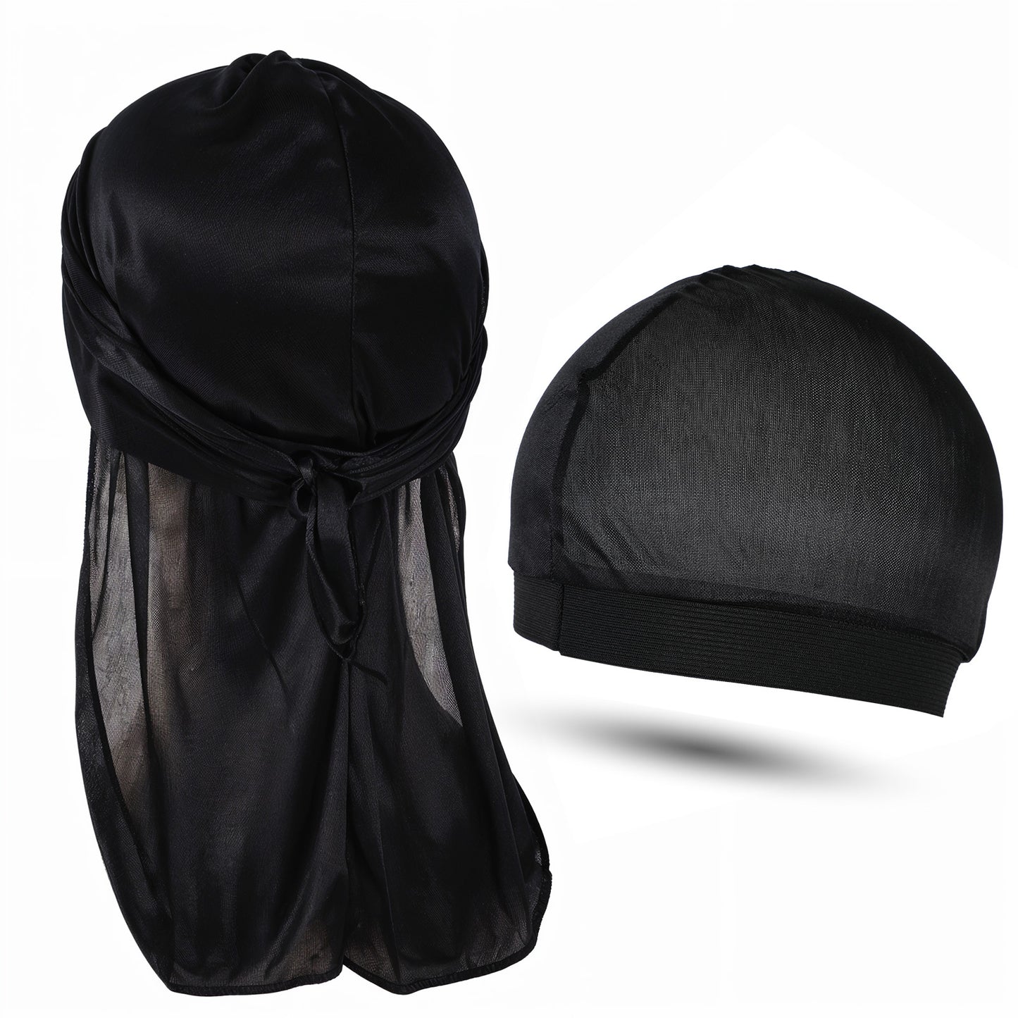 JIEYAO Silky Durag for Men, Satin Dorag with 1 Wave Cap, Silk Doo Rag with Long Tail and Wide Straps Du rag Headwraps(Black)