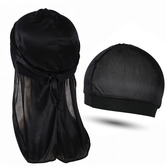 JIEYAO Silky Durag for Men, Satin Dorag with 1 Wave Cap, Silk Doo Rag with Long Tail and Wide Straps Du rag Headwraps(Black)