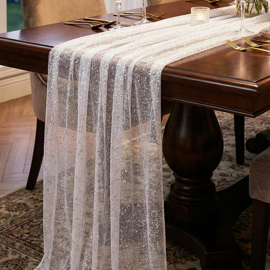 BOHUIZ 10 Ft Silver Table Runner, Silver Sequin Glitter Metallic Foil Party Table Decorations Sheer Chiffon Tulle Cheesecloth for Wedding Birthday