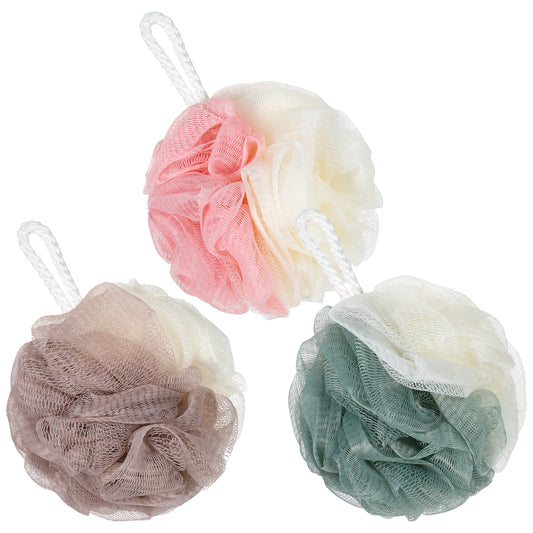 HJZHII 3 Pcs Loofah Shower Puff, Soft Bath Loofah Mesh Pouf Bath Sponge Loofahs Body Exfoliating Shower Ball Body Scrubber BathSponge Mesh BathScrunchies for Women Men (Two-Color)
