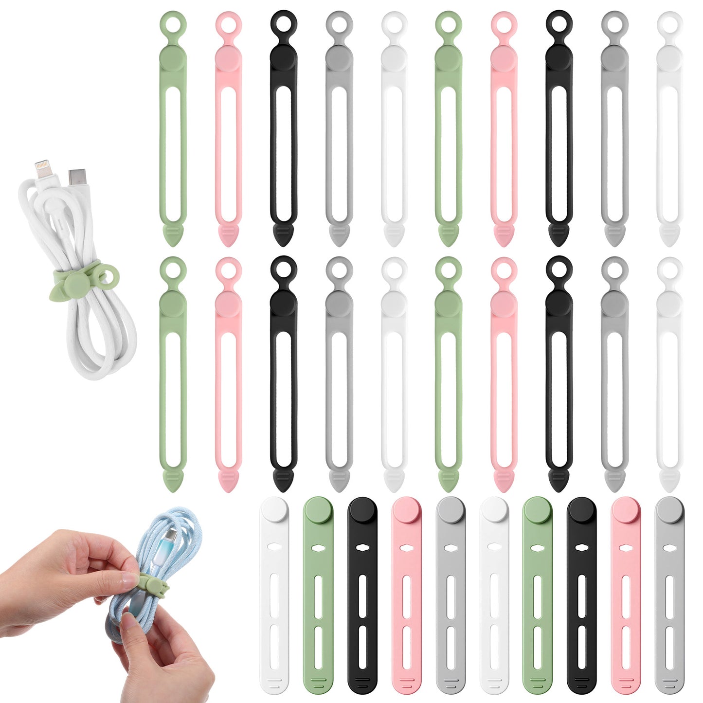 XLIUAX 20Pcs Cable Ties, Adjustable Silicone Cable Tidy Reusable Cord Organizer Elastic Cables Tidy Clips for Home Office Kitchen Earphones Chargers USB Computer Cords
