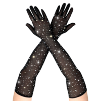 JIYIN Women Rhinestone Fishnet Long Gloves, Rhinestone Sheer Gloves Sparkly, Glitter Black Lace Gloves Long Mesh Arm Sleeve Party Halloween Costume Accessories