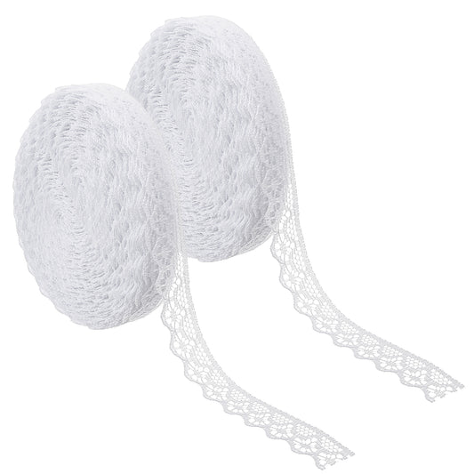 MBAIYO 30 Yards White Lace Ribbon,2 Rolls 0.6 Inch Wide Lace Trim Ribbon, Sewing Flower Fabric Roll Trim Sewing Crafts for Wedding Decoration, Bouquet, Gift Packaging Wrapping