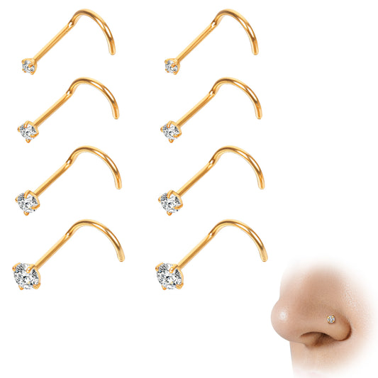 MBAIYO 8Pcs Nose Piercing Studs, Stainless Steel Nose Screw 20G Corkscrew L-Shaped Jewelry with 1.5-3mm White Zirconia Gold Nose Rings for Women (Gold)
