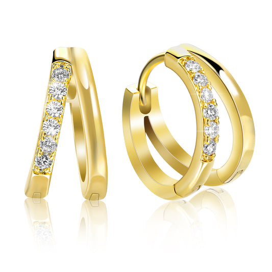 JIEYAO Chunky Gold Hoop Earrings, Gold Plated Channel Set Hoop Earrings Hypoallergenic Lightweight Trendy Gold Chunky Hoop Earrings, Small Thick Oval Open Double Hoop Piercing Earrings for Women