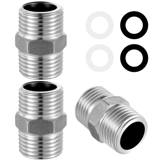 MBAIYO 3 Pcs Shower Hose Extension Connector, Stainless Steel Shower Head Tube Adapter G1/2 to G1/2 Wash Hose Adapter Fitting Used to Connect Two Tube Includes Rubber Washer