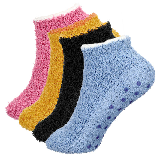 LIQWEI 4 Pairs Slipper Fluffy Socks for Women Men, Slipper Sock With Grippers Warm Cosy Bed Fuzzy Sock, Pink Fluffy Socks for Causal Home Sleeping
