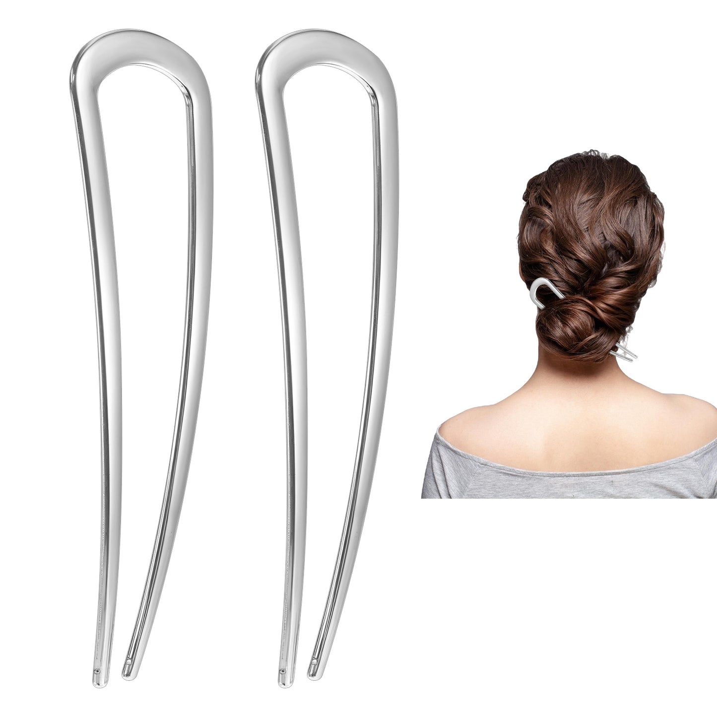 JIYIN Metal French Hair Pins, 5.5 Inch U-Shaped Large Hair Fork for Buns Long and Thick Hair, U Shaped Hair Pins for Women, Elegant French Twist Hair Pin, Suitable for Various Hairstyles(Silver)