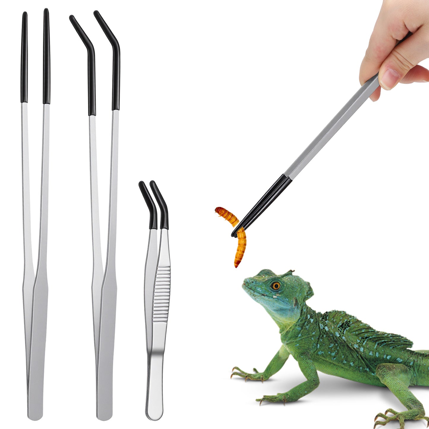 SHENLIU 3Pcs Reptile Feeding Tongs, Long Aquarium Tweezers, 10.6" Extra Long Stainless Steel Feeder Tweezers with Rubber Tip Straight Curved Feeding Tongs Terrarium Feeder Tools for Tank Fish Lizards