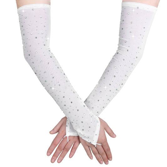 JIYIN Rhinestone Long Fingerless Gloves, 1 Pair Sparkly Tulle Sheer Gloves Lace Mesh Arm Sleeve Party Accessories for Women(White)