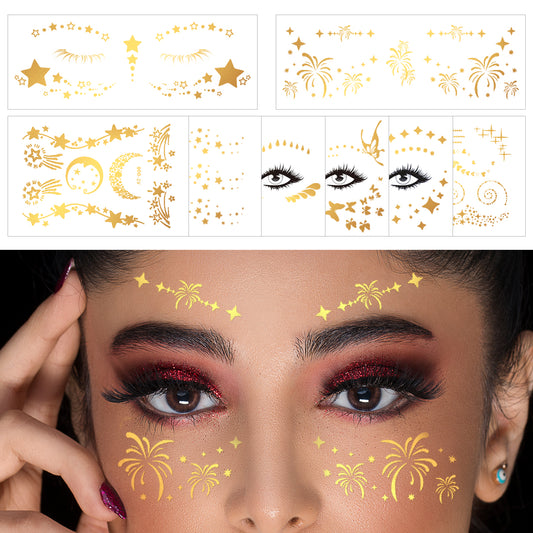 MBAIYO 8 Sheets Glitter Freckles Face Tattoos Sticker, Gold Temporary Face Glitter Stickers for Women Festival Makeup Waterproof Gold Faces Gems for Costume Party Musical Festivals