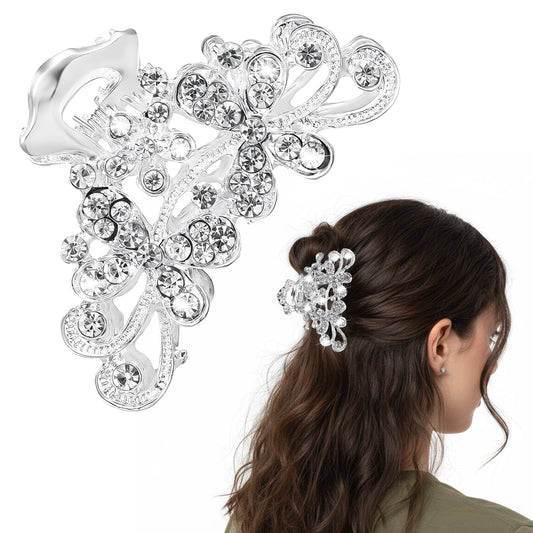 MBAIYO Elegant Rhinestone Hair Claw Clip for Women, Sparkling Silver Jaw Clip, Vintage Bling Hair Claw Clips Accessory for Wedding Party Special Occasions