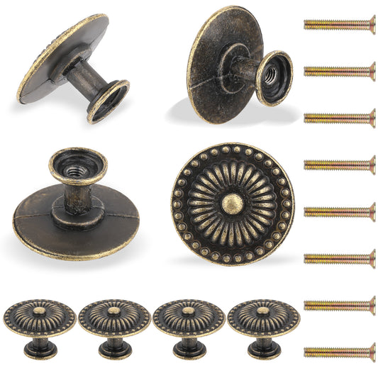 Giantree 8Pcs Antique Brass Cabinet Knobs, Vintage Retro Drawer Knobs, Weathered Gold Sunburst Pattern Flat Drawer Pulls, Matte Drawer Knobs for Nightstand Single Hole Cabinet Hardware(Bronze 30*19mm)