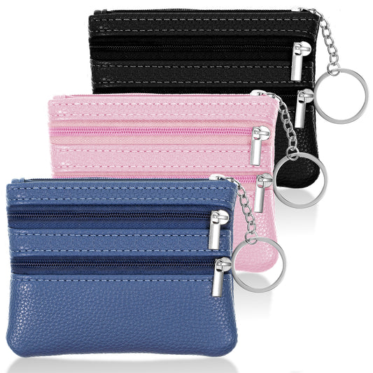 BOHUIZ 3 PCS Coin Purse Pouch Change Card Holder Wallet Mini Zipper Pouch with Keychain for Women and Men (Black, Blue, Pink)