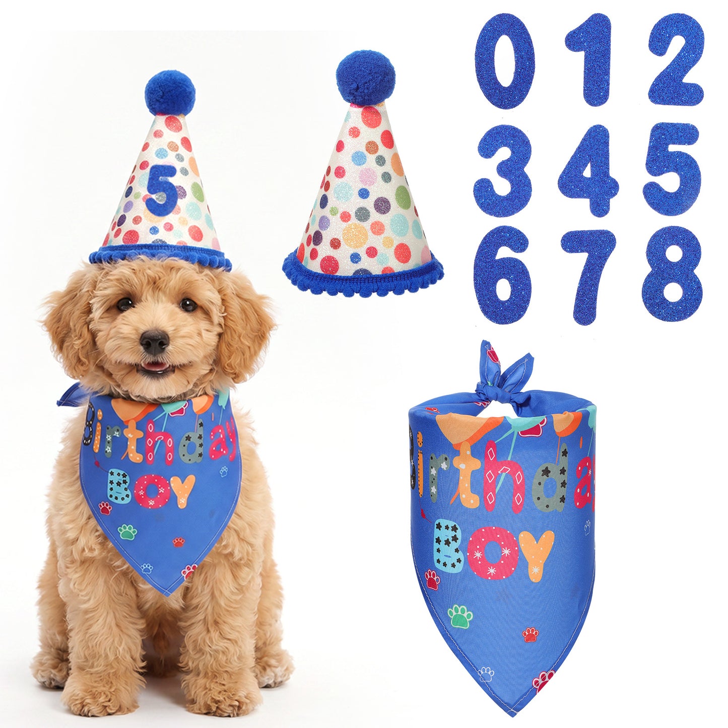 Cobee Dog Birthday Bandana Hat Set, Reusable Pet Party Headwear Accessories Adjustable Party Hat Scarf with Glitter Numbers for Puppy Cat Celebration