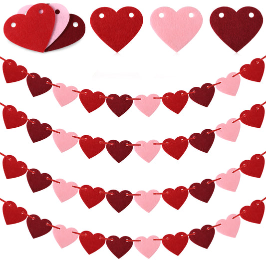 HJZHII 4 Pcs Red Felt Heart Streamers, Red Heart Banner Hearts Garland Hanging Streamers Valentine's Day Hearts Hanging Bunting Banner RedFelt Bunting Banners for Engagement Wedding Anniversary Party