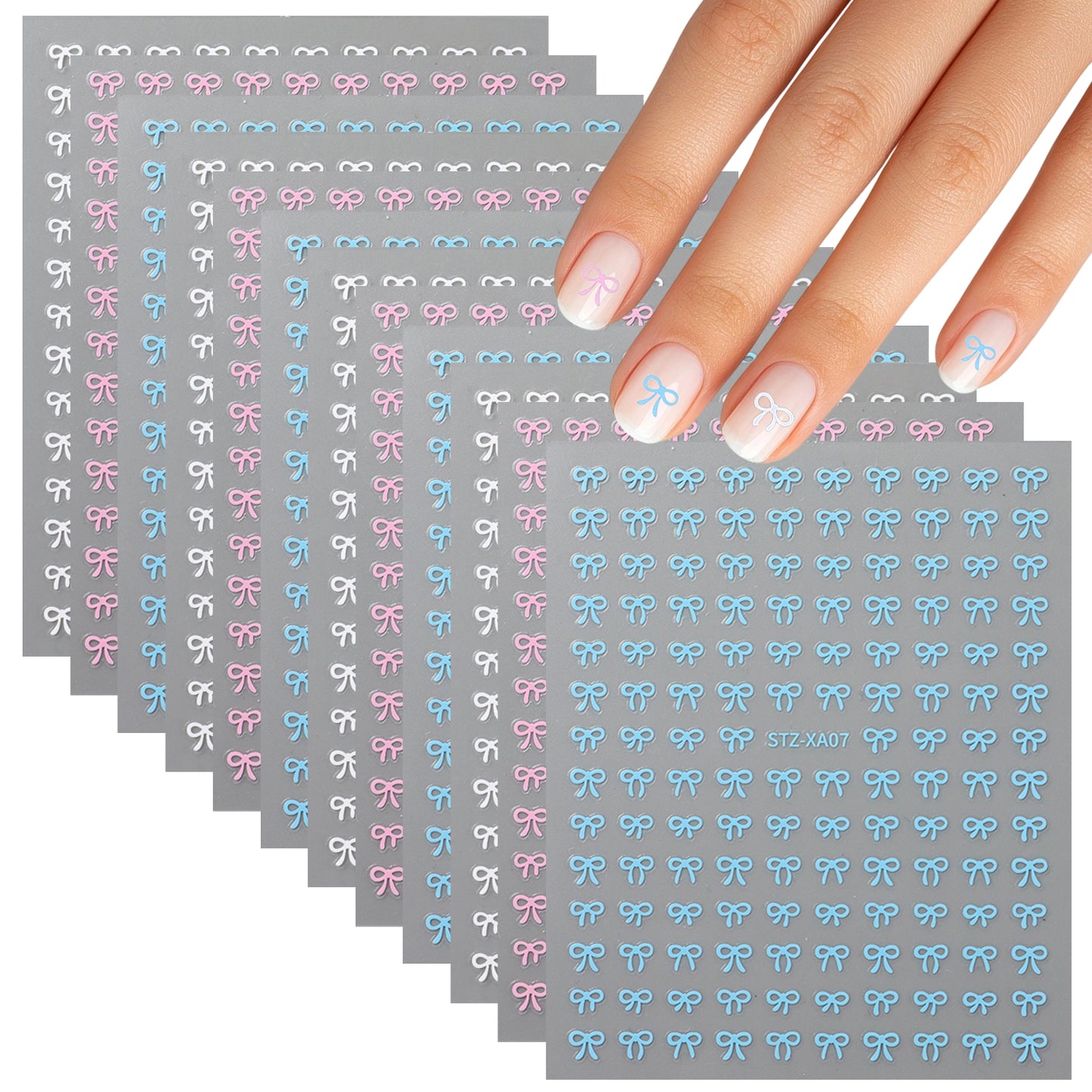 WJIAAA 12 Sheets Mini Bow Nail Stickers, 3D Cute Bowknot Nail Art Supplies in Pink Blue White for Women Girls DIY Manicure Decorations