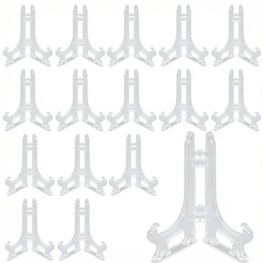 HJZHII 15 Pcs 3" Mini Clear Plastic Easels, Small Display Stands Plate Holders Picture Frame Easel Home Decoration Stands to Display Pictures or Other Items for Weddings Birthdays Tables