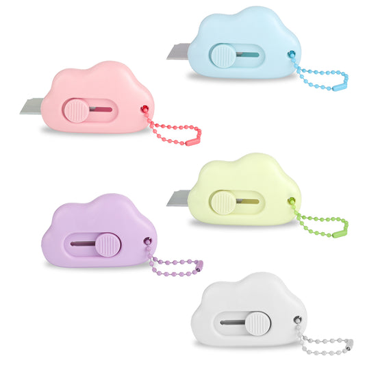 LIQWEI 5 Pcs Cloud Shaped Retractable Box Cutter Set, Envelope Opener with Key Rings Stainless Steel Blade, Portable Cute Box Cutter Package Opener for Office Home School Stationery DIY Crafts
