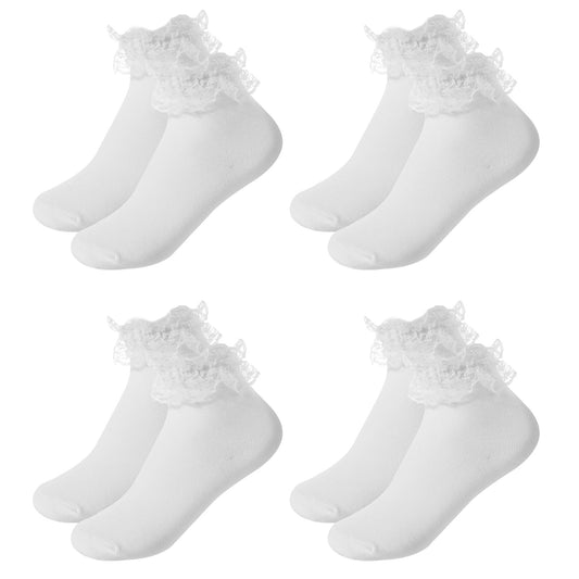 JIYIN 4 Pairs Women Lace Ruffle Socks, White Lace Ankle Socks Breathable Cotton Crew Ruffled Socks Lettuce Edge Boot Socks(Style A)