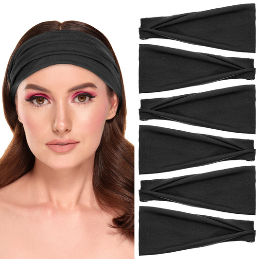 HJZHII 6PCS 3.5in Wide Headbands for Women, Non Slip Thick Headbands for Women Soft Head Wrap Elastic Hair Bands Stylish Sweat Bands Hair Accessories for Running Yoga Workout Gym Sports(Black)
