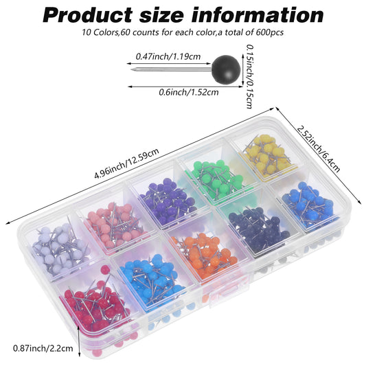JIYIN 600 PCS Colored Push Pins Map Tacks, 1/8 Inch Map Tacks Round Head with Stainless Point Head Marking Pins Multi-Color Push Pins Map Pins for Bulletin Board Map Picture Photo (10 Colors)