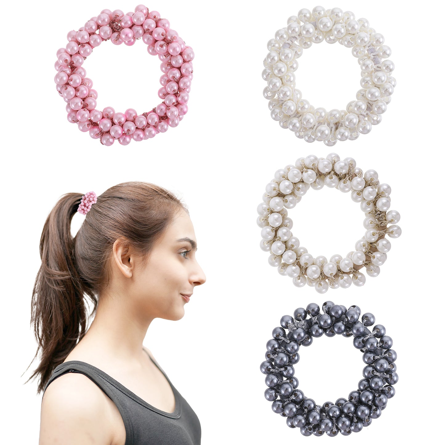 Molain 4 Pack Pearl Hair Ties, Fashion Elastic Hair Scrunchies Weave Beaded Ponytail Holders Hair Accessories for Women and Girls(Mixcolor)