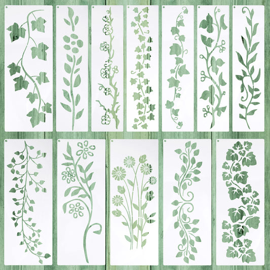 HJZHII 12Pcs Leaf Vine Stencils, Leaves Floral Wall Stencil Reusable DIY Crafts Drawing Templates for Painting on Wood Wall Drawing Canvas Card Furniture Home DécorHJZHII 12Pcs Leaf Vine Stencils, Lea