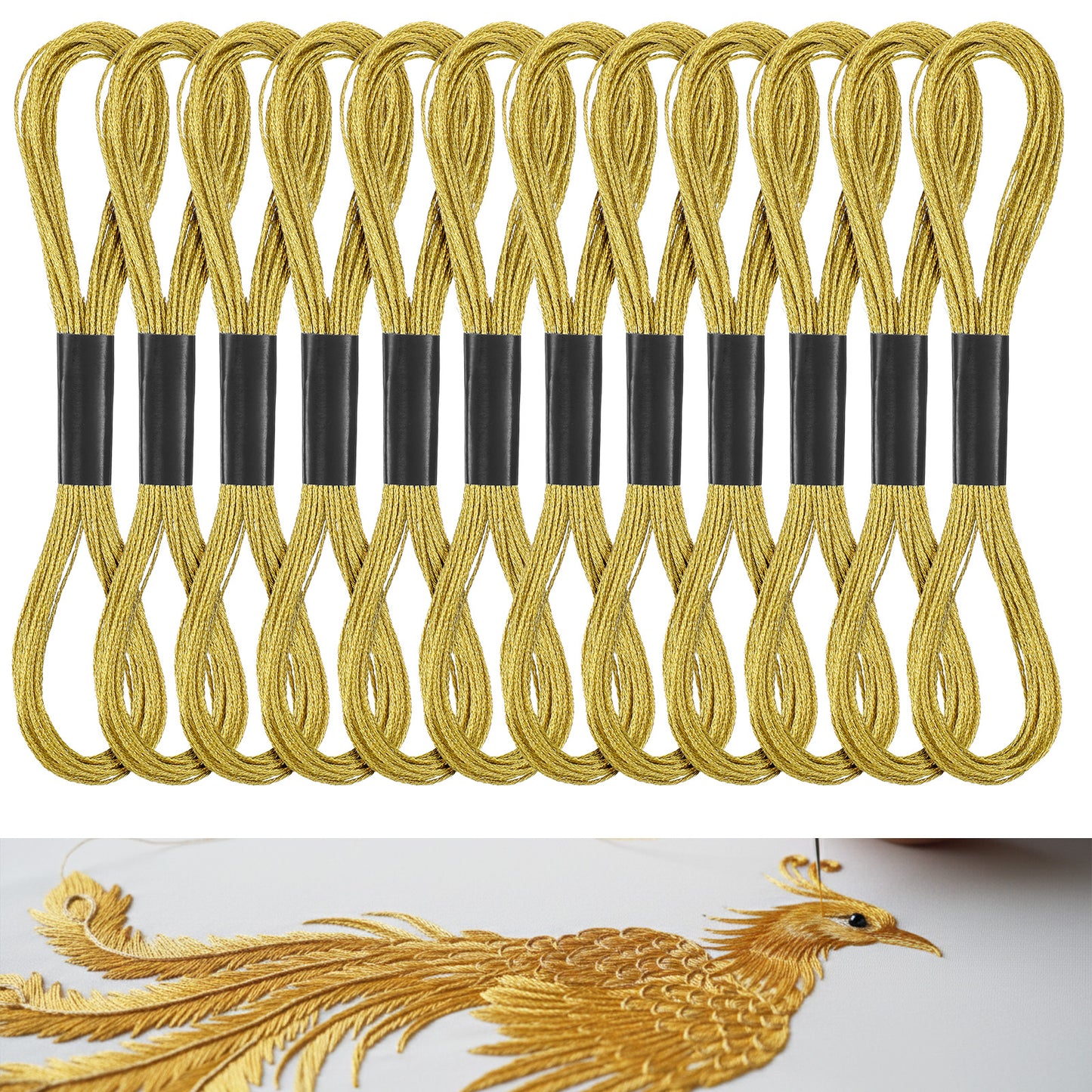LXUEJIE 12 Skeins Metallic Embroidery Floss, 8m Each Metallic Gold Embroidery Thread for Cross Stitch, Friendship Bracelets, Sewing, Yarn Crafts & String Art Supplies (Gold)