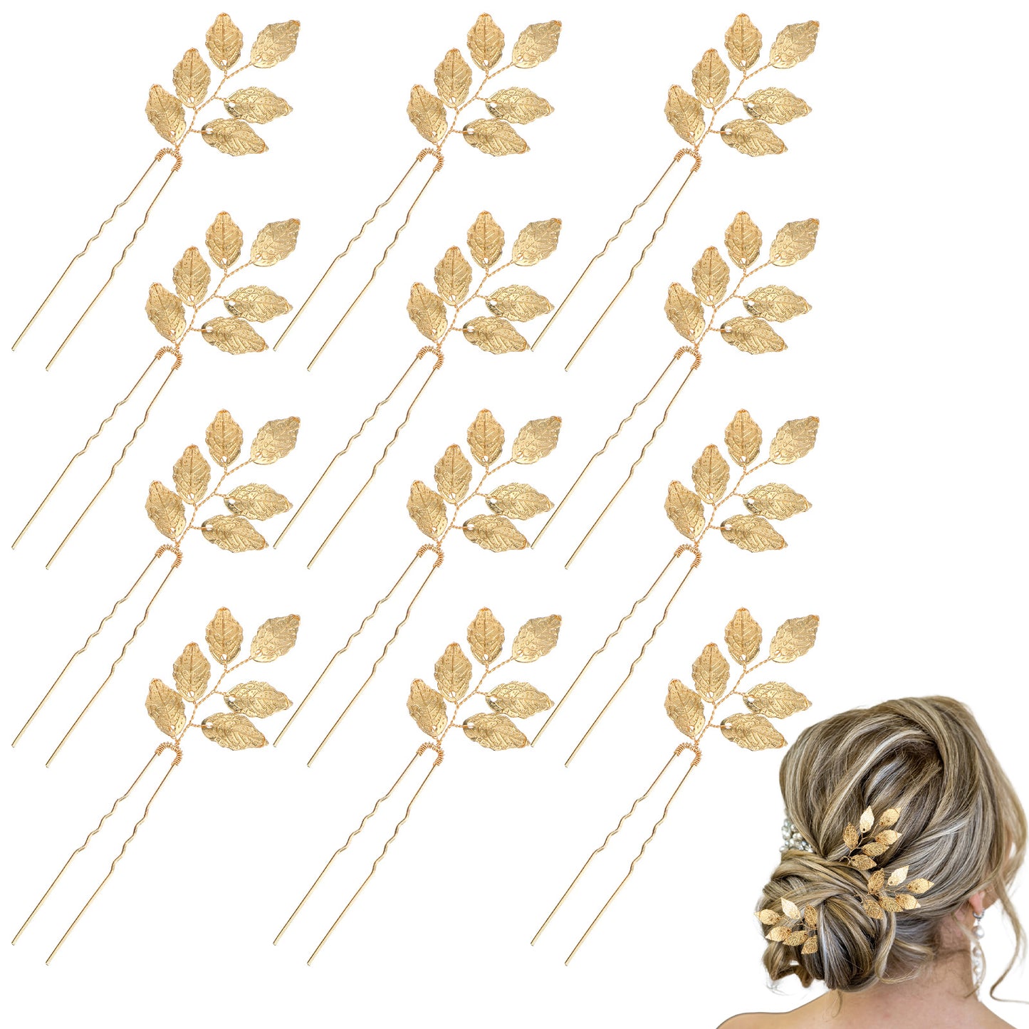 XLIUAX 12PCS Gold Metal Leaf Hair Pins, U-Shaped Eucalyptus Leaf Hair Pins Bridal Wedding Party Headpiece Hair Clips for Bridesmaids, Prom, Party Updo Styling