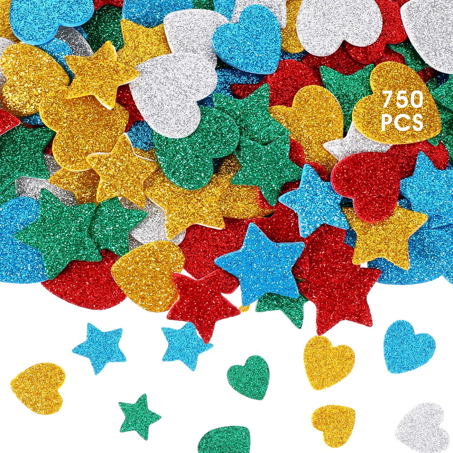 Bewudy 750 PCS Foam Stickers, Glitter Heart Stickers, Colorful Self-Adhesive Mini Star Heart Shapes Sticker, Kids Arts Craft Mini Star Bulk for Crafts DIY Greeting Card Envelopes Scrapbooking