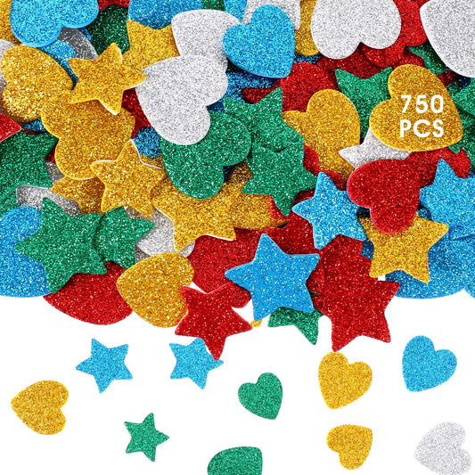 Bewudy 750 PCS Foam Stickers, Glitter Heart Stickers, Colorful Self-Adhesive Mini Star Heart Shapes Sticker, Kids Arts Craft Mini Star Bulk for Crafts DIY Greeting Card Envelopes Scrapbooking