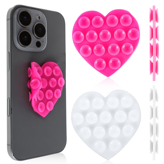 JIEYAO 2Pcs Heart-Shape Phone Suction Grip, Double-Sided Suction Phone Case Mount, Silicone Phone Sticky Grip Hands-Free Sticky Phone Suction Holder Silicon Adhesive Phone Accessory for (Pink+White)