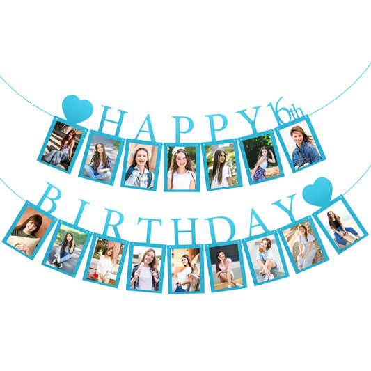 Giantree Blue Birthday Photo Banner, Happy Birthday Monogram Banner Commemorating Annual Milestone Wreath Blue Happy Birthday Banner Glitter Birthday Letters Banners for Kids and Adults