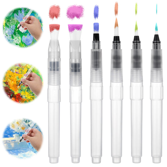 BOHUIZ Watercolor Brush Pens, 6 Pack Refillable Water Brush Pens Premium Aqua Paint Brushes Pen with Assorted Tips for Watercolor Painting Artists Calligraphy Gouache