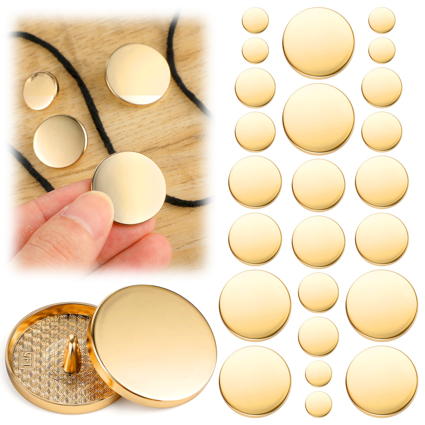 XLIUAX 24Pcs Gold Buttons for Blazers, Elegant Metal Flat Button for Clothes, Round Shaped Sewing Button for Women Men Suit Coat Shirt Jackets Craft 10mm 15mm 20mm 25mm