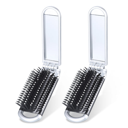 IANFAN 2 Pcs Foldable Hair Brush, Portable Travel Hair Brushes With Mini Mirror Lightweight Mini Compact Brush for Gym, Trip, Swimming, Cosmetic bag, Purse