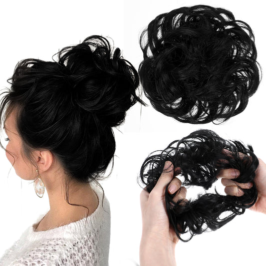 HJZHII 2pcs Messy Bun Hair Piece, Elastic Curly Wavy Large Hair Bun Scrunchies Synthetic Chignon Ponytail Hair Extensions Tousled Updo Fluffy Donut Hairpieces for Women Girls(Black)