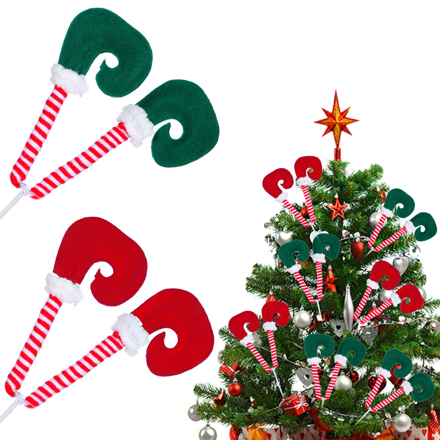 GEEHUA 2Pairs Christmas Elf Legs Picks, 10 Inch Christmas Tree Ornaments, Elf Feet with Fixed Wire Striped Plush Stuffed Legs Tree Decorations for Christmas Tree Party Xmas Holiday Decor