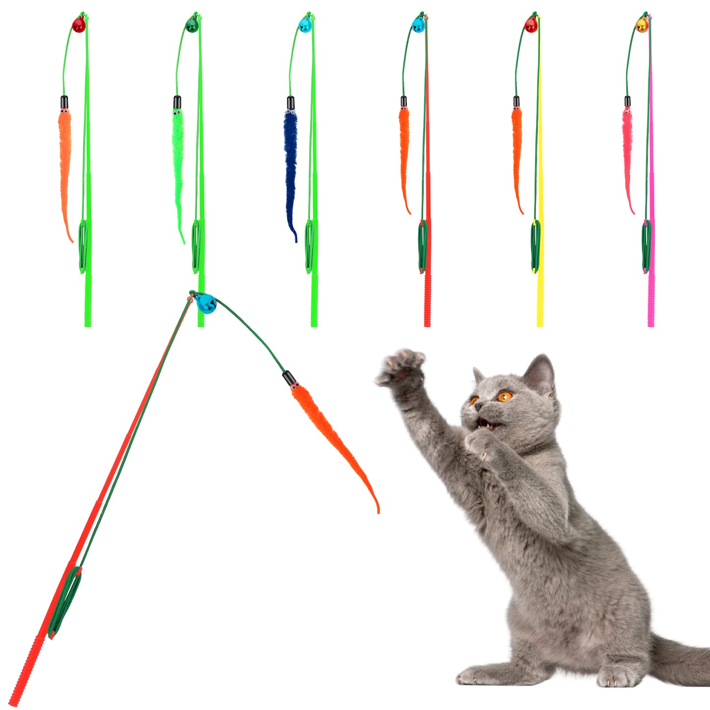 Molain Cat Interactive Wand Toy, 6 Pcs Assorted Furry Worm Cat Wand Toys Replacement Worm Refills with Bells Cat Worms Refill Chaser Fun Toy for Indoor Small Cats Kittens to Play Chase Exercise