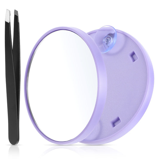 Andibro 5X Compact Suction Cup Makeup Mirror, 3.6" Travel Magnifying Mirror, Pocket Magnification Mirror Cosmetic Magnified Mirror with Tweezer Handheld Shower Mirror for Bathroom Skin Care(Purple)
