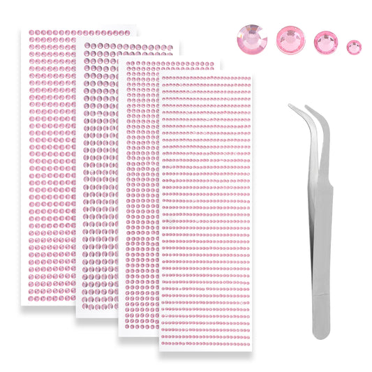 JIEYAO Self-Adhesive Rhinestone Sticker with Tweezer, 3090 Pcs Pink Face Gem Stick On, Acrylic Round Gemstones Stickers Crystal Embellishment Stickers Sticky Bling Clear Gem for Crafts Body Nails