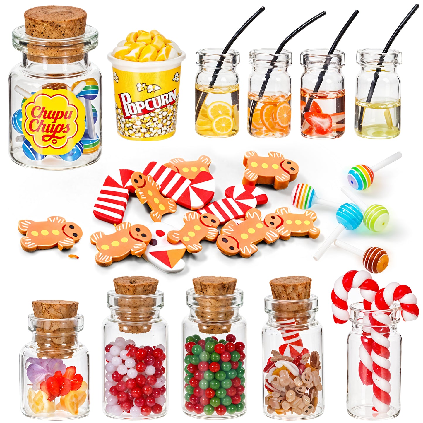 GEEHUA Miniatures Food and Drink, 15 Pcs Mini Brands Food Miniature Toys Plastic Food Toys Miniature Christmas Sweets and Drinking Set for Christmas Market for 1:6 or 1:12 Dollhouse
