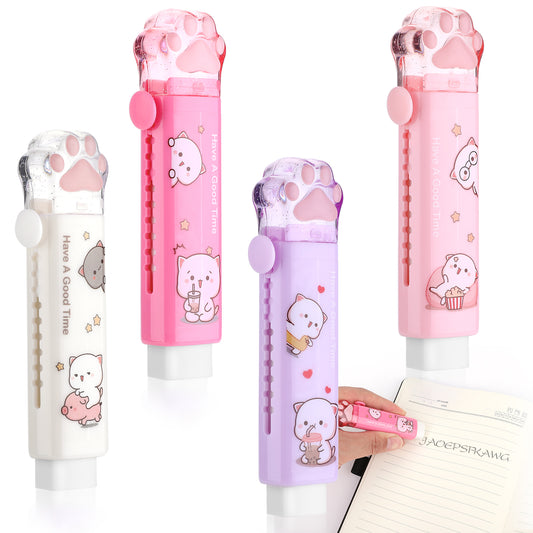 Molain Cute Erasers, 4 Pcs Kawaii Cat Paw Erasers for Kids Retractable Erasers Cartoon Pencil Eraser for Boys Girls Push Pull Rubber Eraser Cat Rubbers for Writing Drawing Office School Supplies