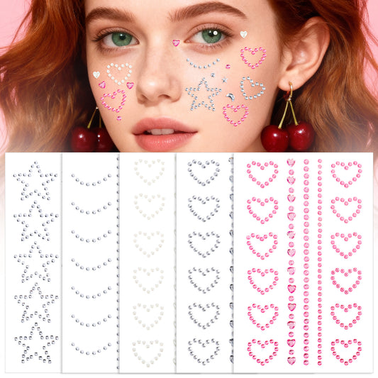 LXUEJIE Self Adhesive Face Makeup Gems, 5 Sheets Face Rhinestones Pearl Stickers Heart Star Moon Shape Jewels Face Rhinestone Stickers for Face, Eye, Makeup, Nail, Body, Hair