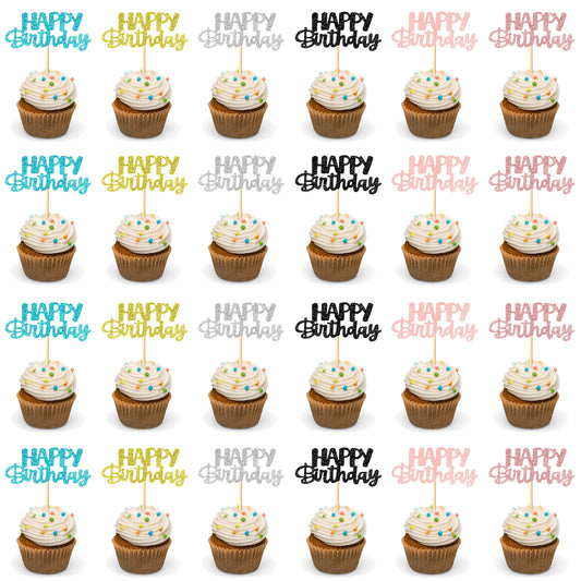 LXUEJIE 24 Pcs Happy Birthday Cupcake Toppers, Glitter Birthday Cupcake Picks Lightweight Cake Toppers Food Picks for Celebrating Party Cake Decorations Supplies (6 Colors)