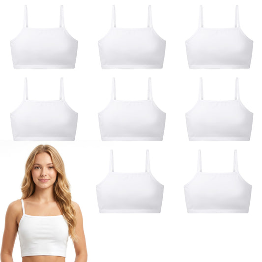 HJZHII 8 Pack White Girls Bras, Non Padded Training Bra Comfortable Cotton Sports Bra Soft Crop Tops First Bras for Girls Kids Teens Ages 8-12(Size M)