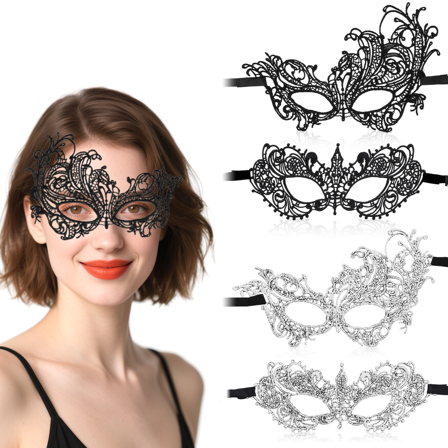 WJIAAA 4Pcs Black Masquerade Lace Mask,Masquerade Mask for Women for Party Prom Ball Costume Halloween Carnival Party Supply